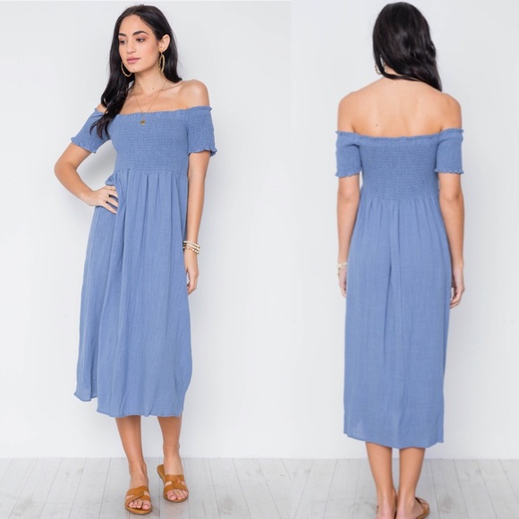 smocked off the shoulder midi dress